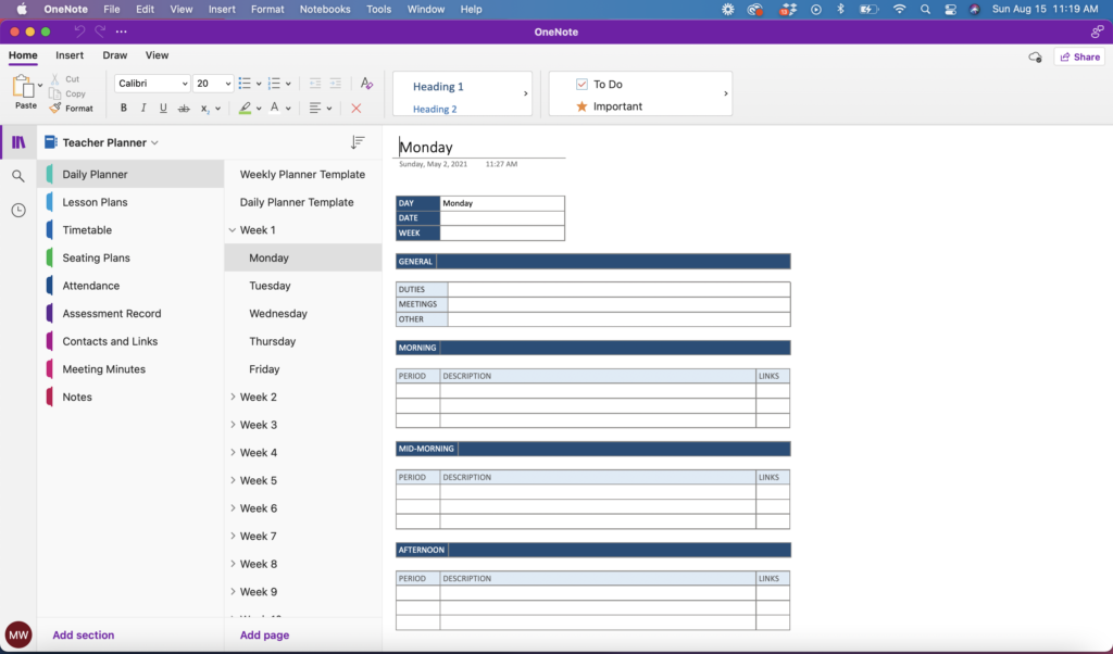 OneNote Teacher Planner - Daily Overview