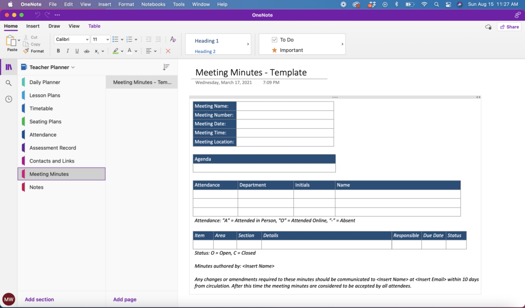 OneNote Teacher Planner - Meeting Minutes Template
