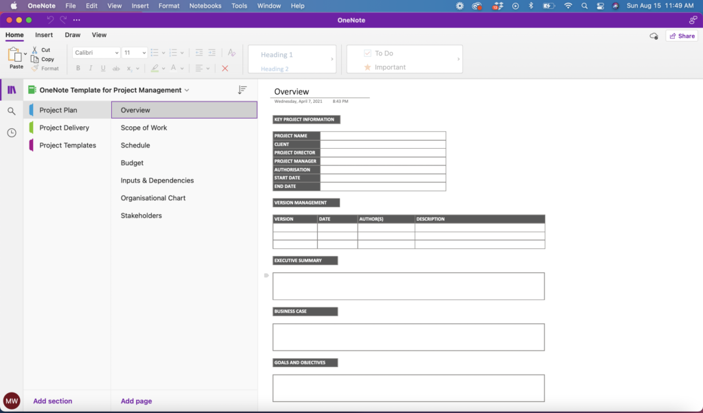 OneNote Template for Project Management - Project Plan Overview