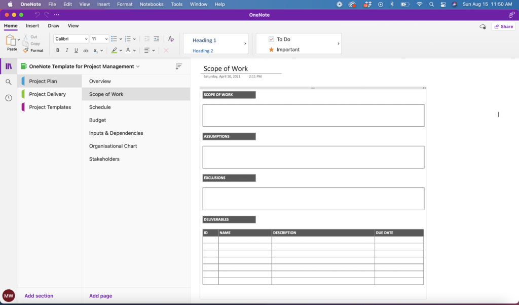 OneNote Template for Project Management - Project Plan Scope of Work