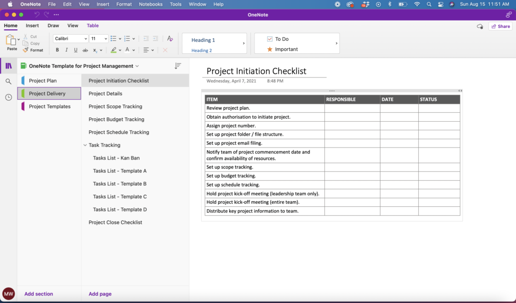 OneNote Template for Project Management - Project Delivery Initiation Checklist