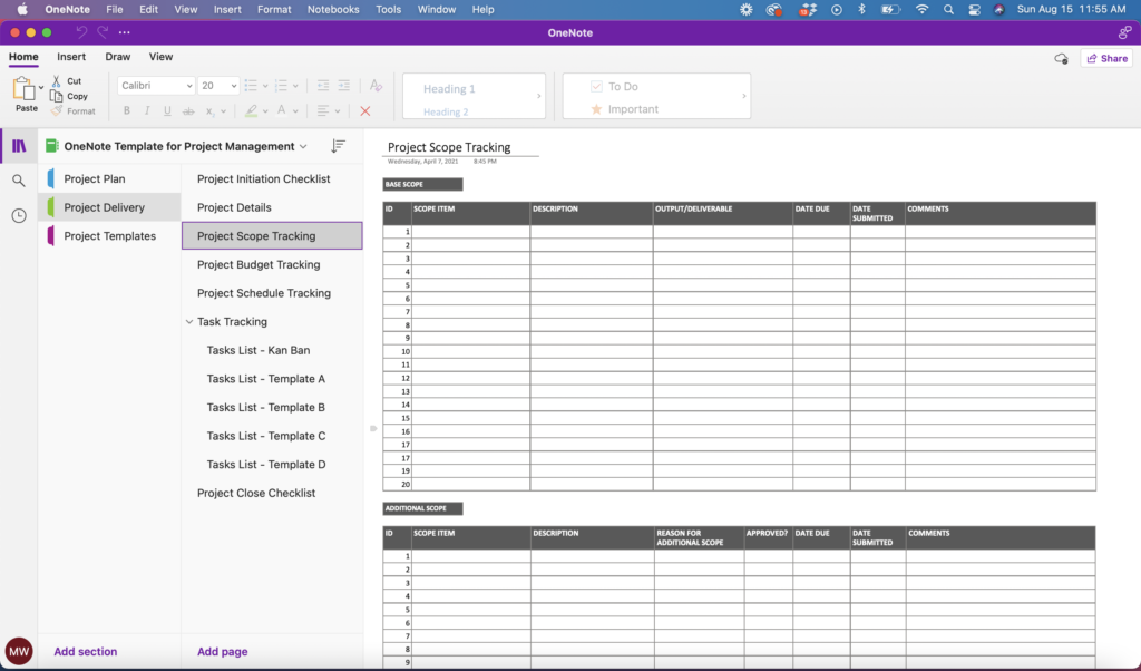 OneNote Template for Project Management - Project Delivery Scope Tracker