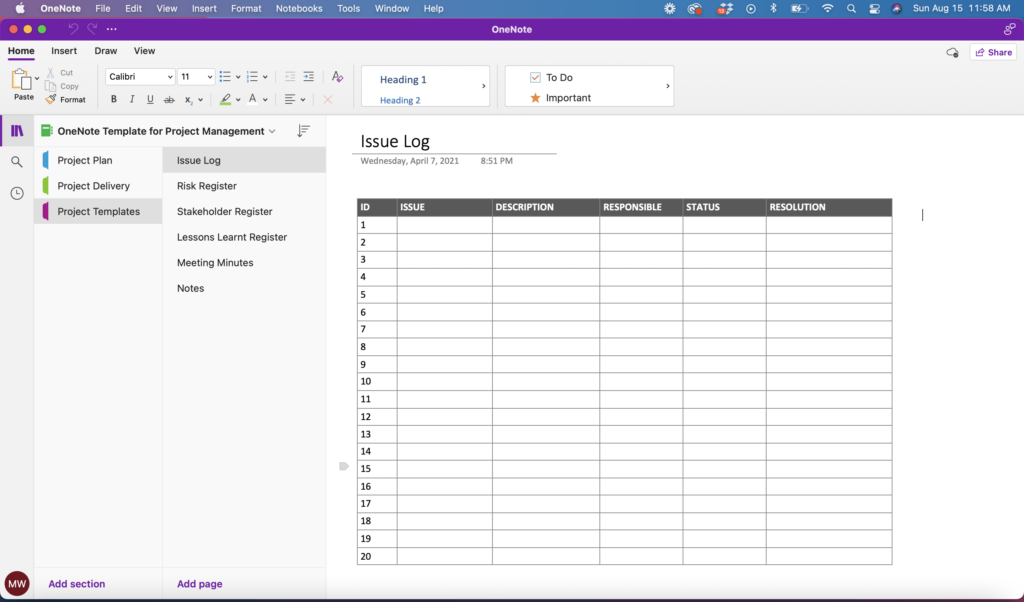 OneNote Template for Project Management - Project Templates Issue Log