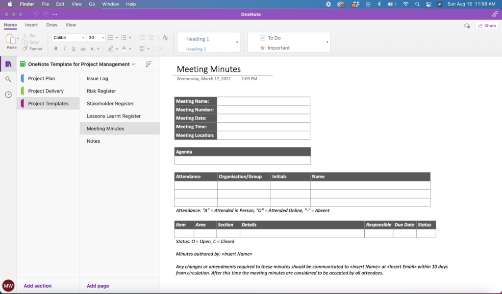 OneNote Template for Project Management - Project Templates Meeting Minutes